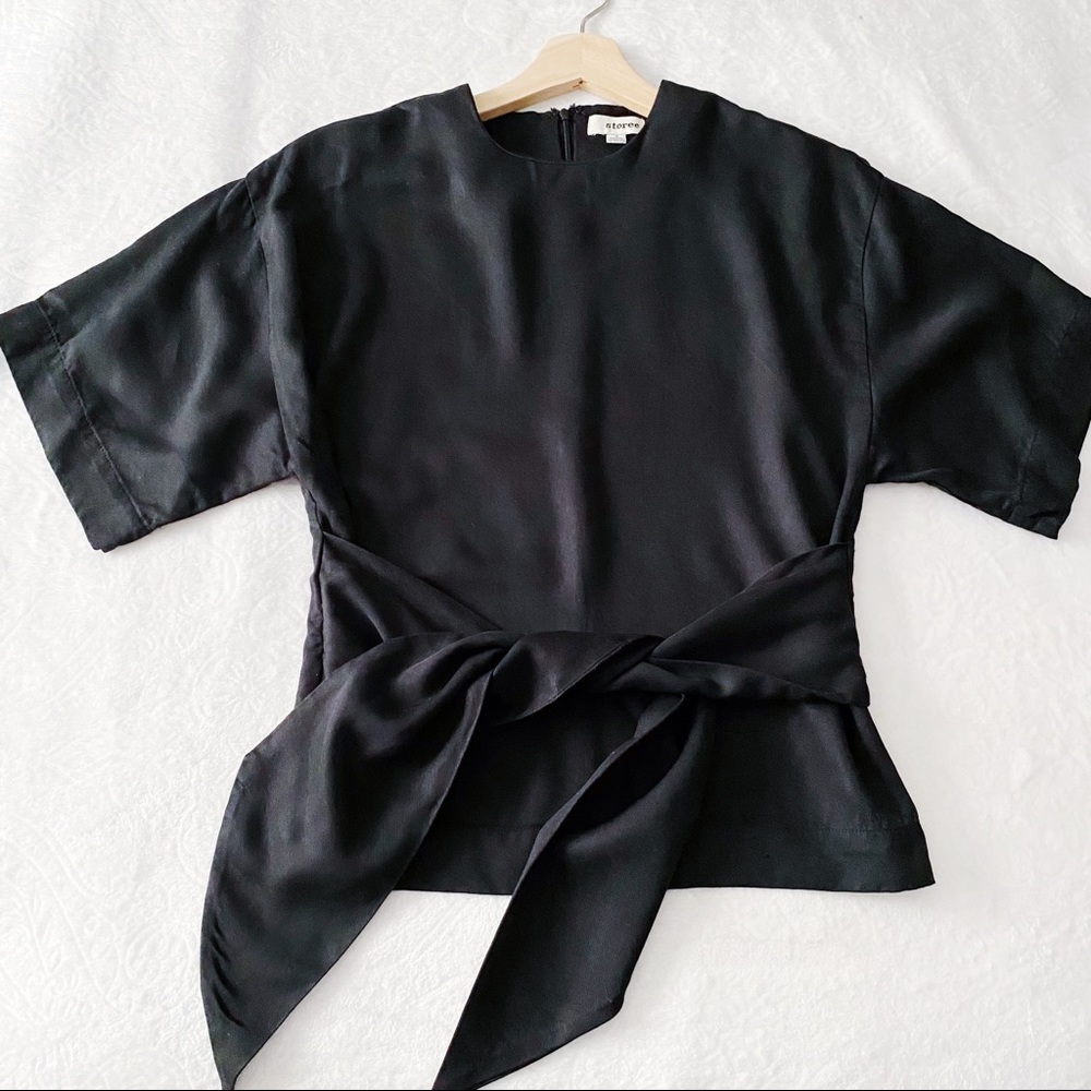 Black Tied Waist Wide Sleeve Blouse